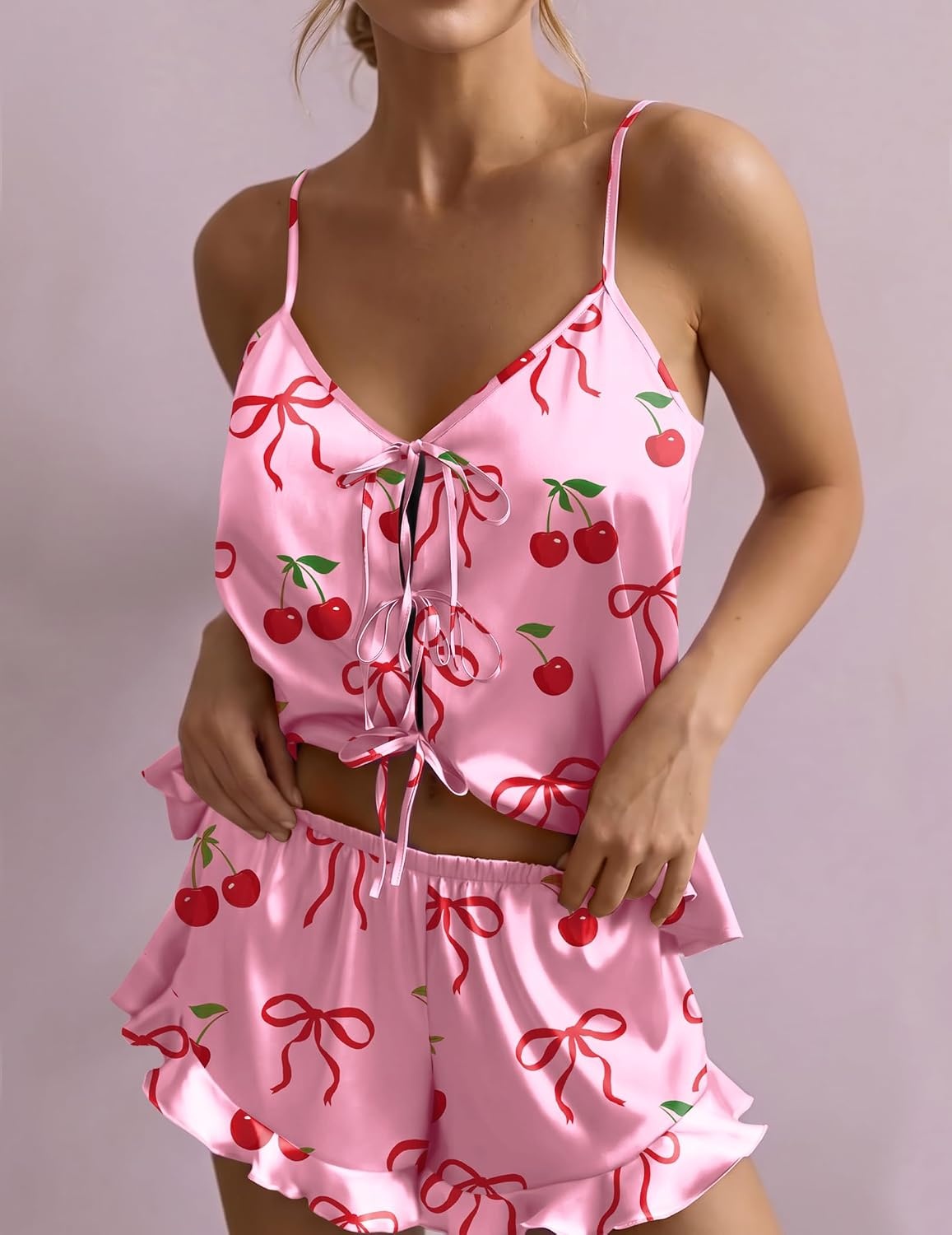 image:imageEkouaer Womens Satin Pajamas Sets Silk Cami Lingerie Pjs SleepwearPink Cherry