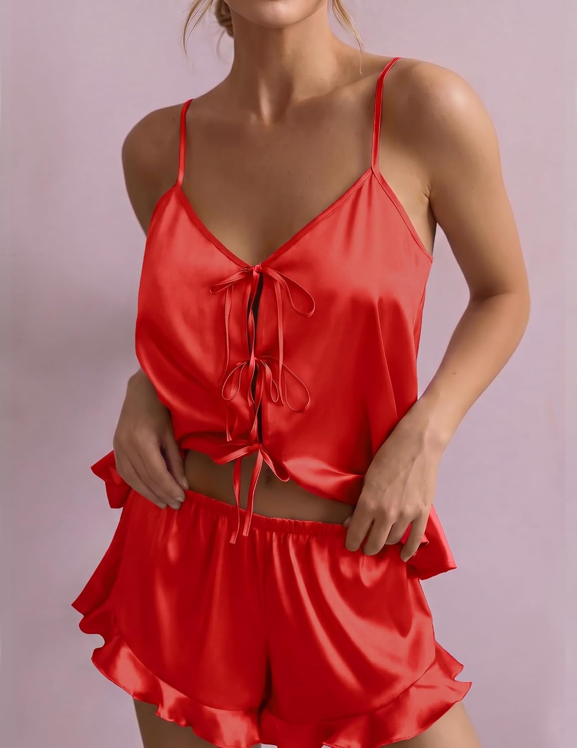 image:imageEkouaer Womens Satin Pajamas Sets Silk Cami Lingerie Pjs SleepwearRed