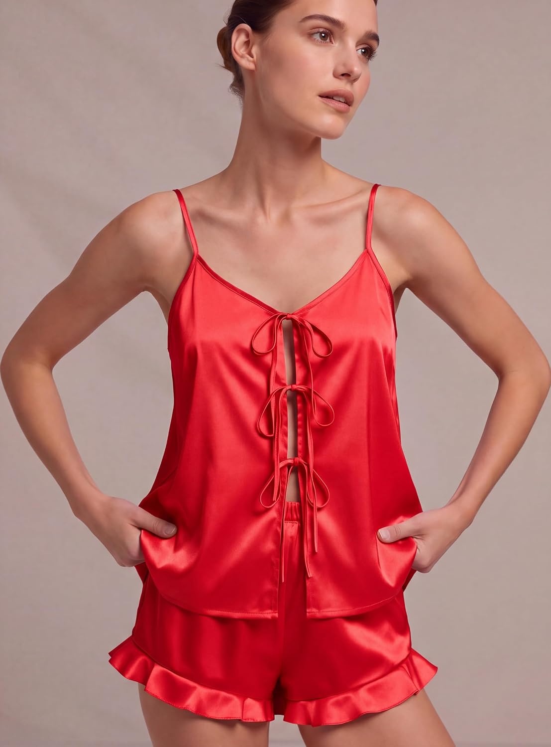 image:imageEkouaer Womens Satin Pajamas Sets Silk Cami Lingerie Pjs SleepwearRed