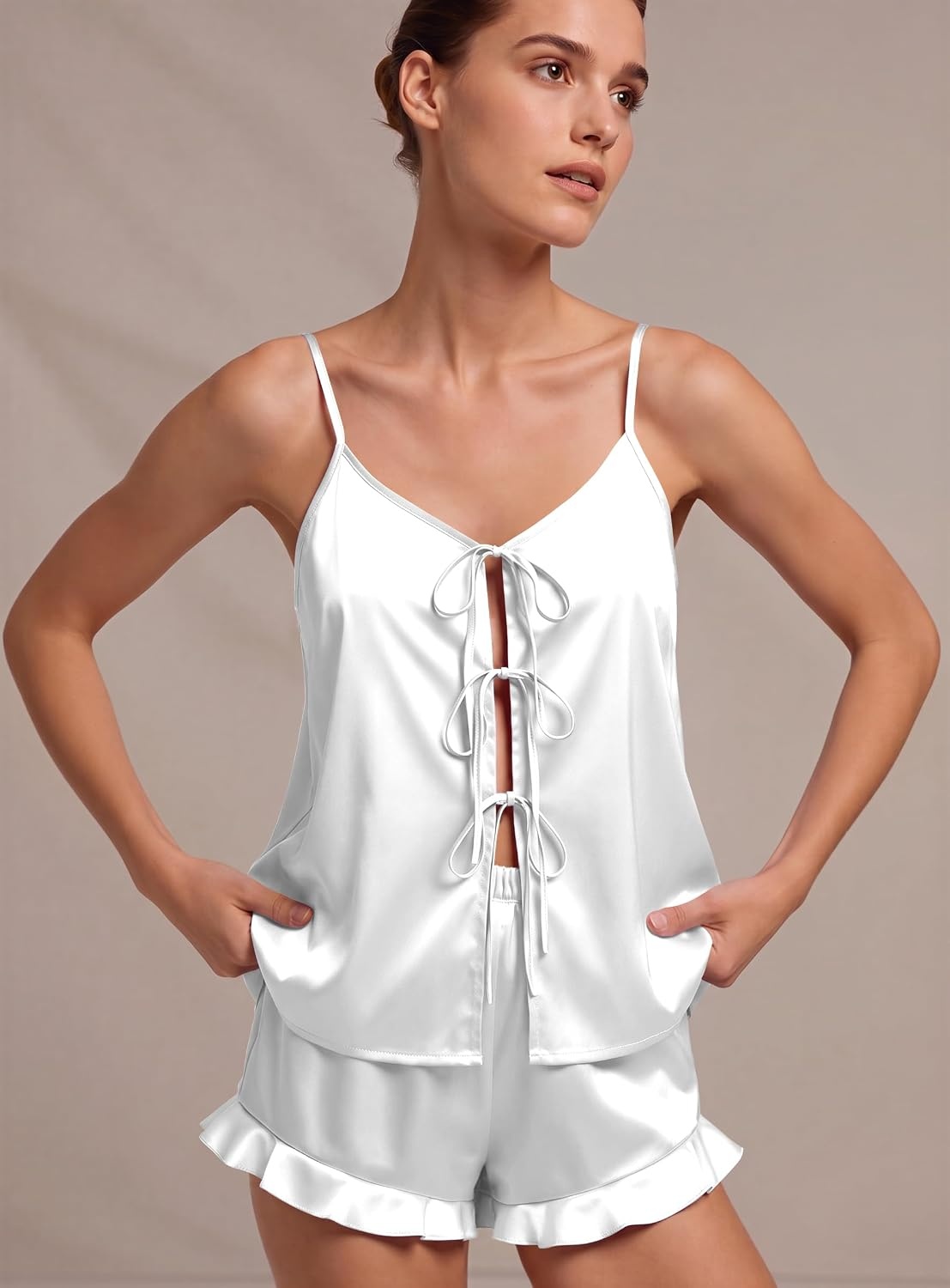 image:imageEkouaer Womens Satin Pajamas Sets Silk Cami Lingerie Pjs SleepwearWhite