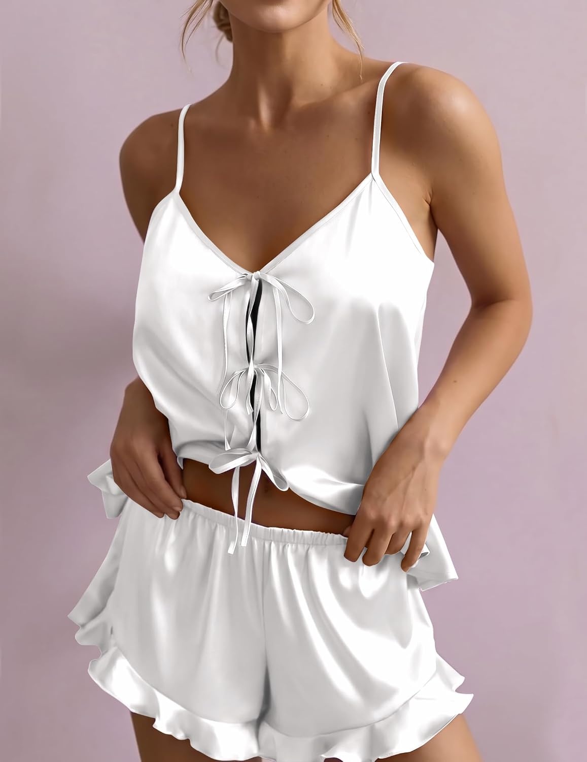 image:imageEkouaer Womens Satin Pajamas Sets Silk Cami Lingerie Pjs SleepwearWhite