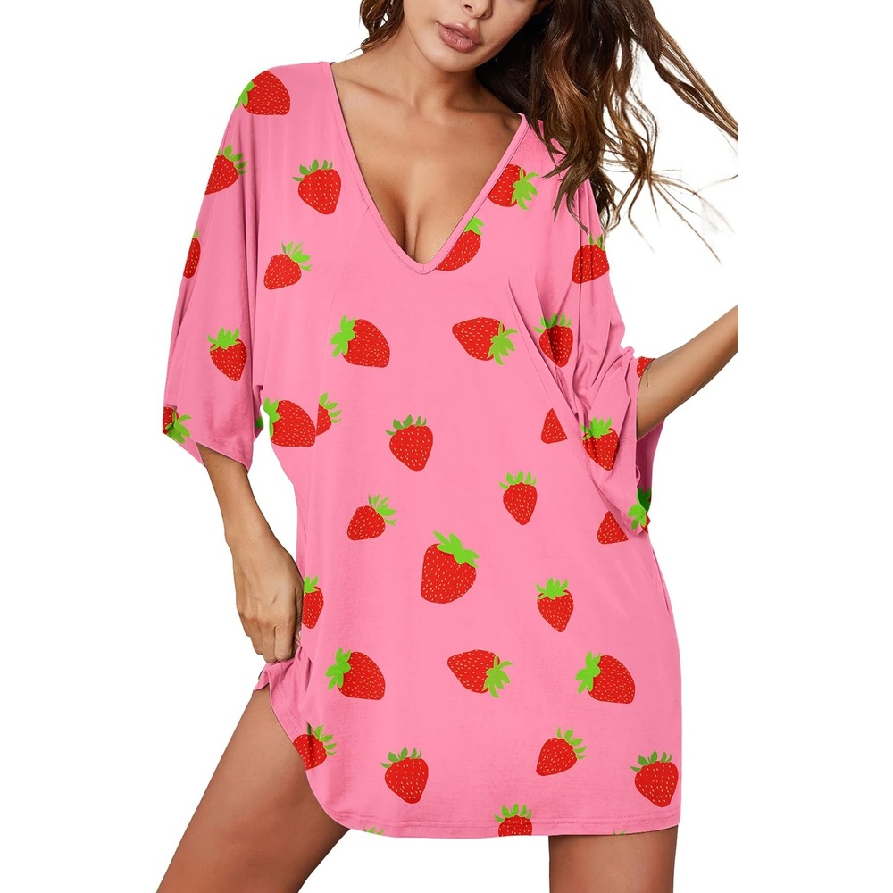 image:imageEkouaer Nightgowns for Women Deep V Neck Sleep Shirt Oversized Night ShirtPink Strawberry