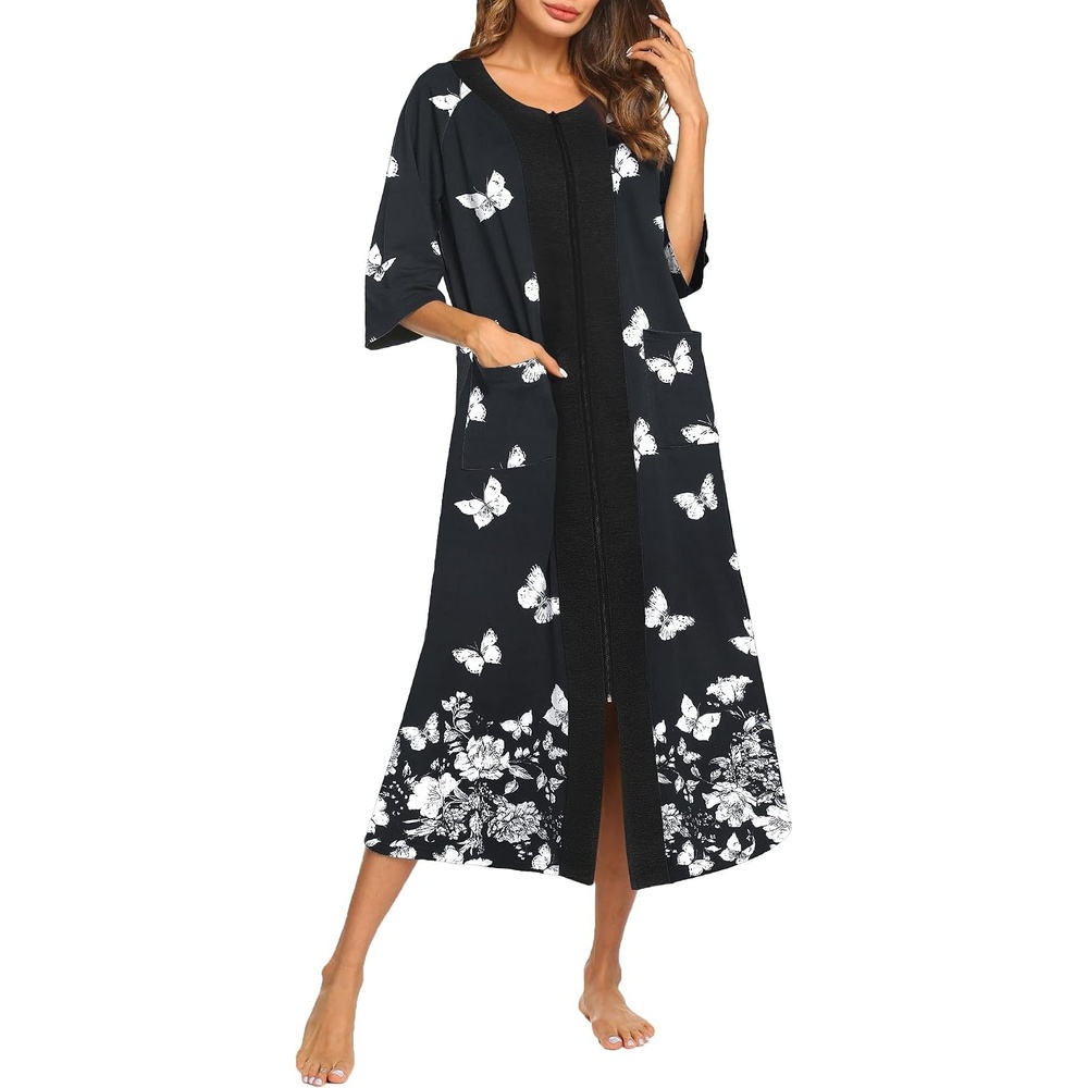 image:imageEkouaer Robes For Women Zipper Front 34 Sleeve Housecoats with PocketsBlack Butterfly