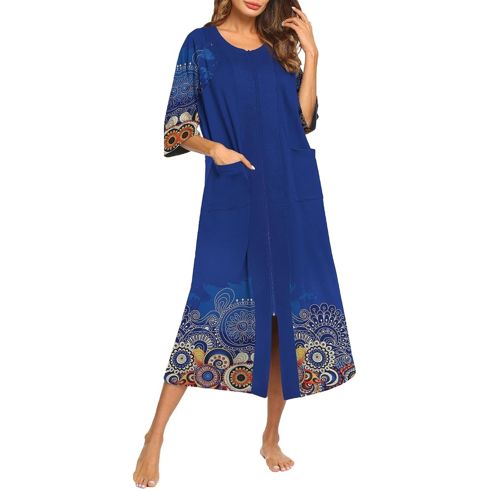 image:imageEkouaer Robes For Women Zipper Front 34 Sleeve Housecoats with PocketsBlue Mandala