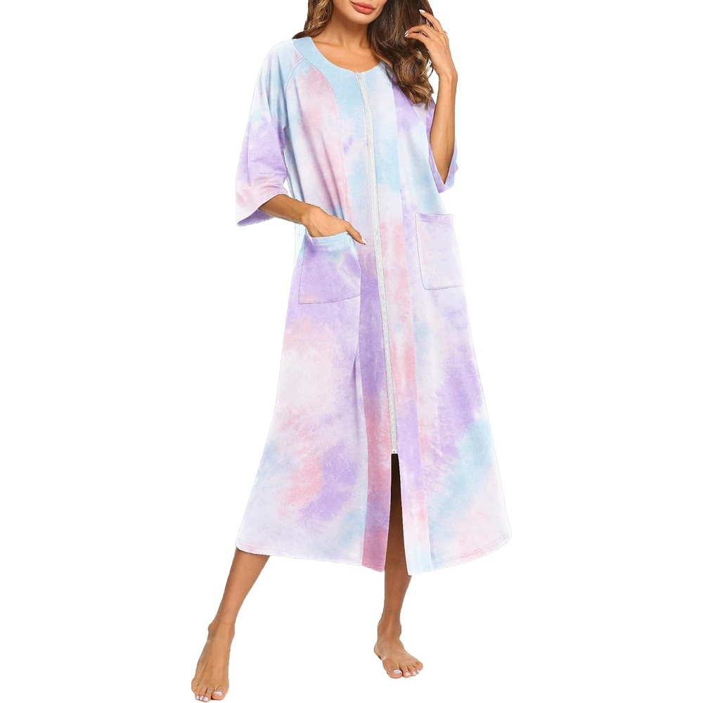 image:imageEkouaer Robes For Women Zipper Front 34 Sleeve Housecoats with PocketsBlue Tie Dye