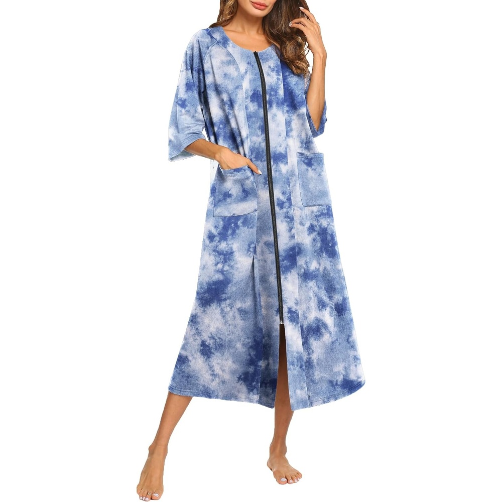 image:imageEkouaer Robes For Women Zipper Front 34 Sleeve Housecoats with PocketsDark Blue Tie Dye
