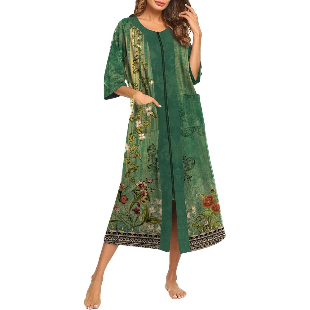 image:imageEkouaer Robes For Women Zipper Front 34 Sleeve Housecoats with PocketsGreen Floral