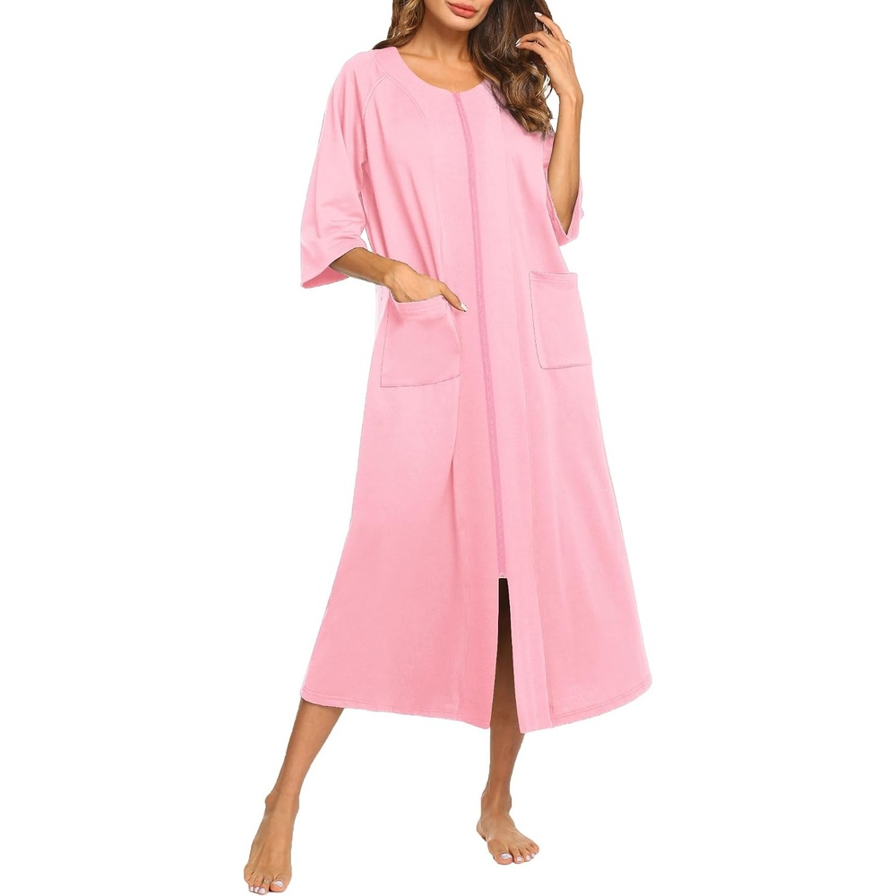 image:imageEkouaer Robes For Women Zipper Front 34 Sleeve Housecoats with PocketsPink Rose
