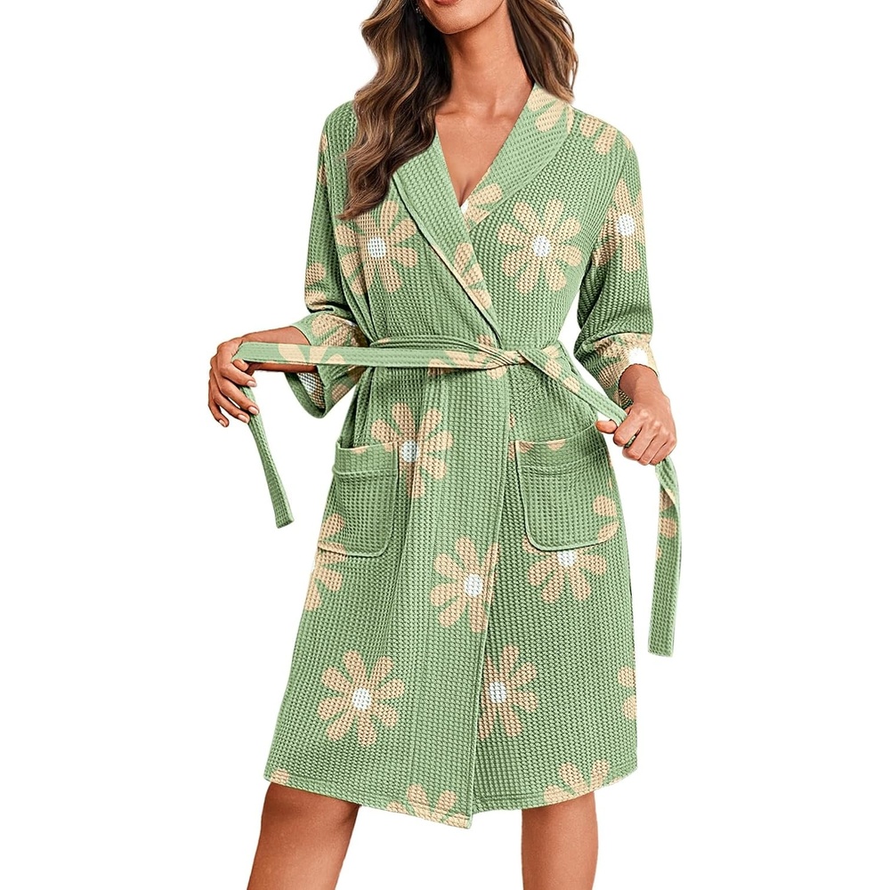 image:imageEkouaer Robes for Women Waffle Knit Kimono Bathrobe Loungewear with PocketsFloral Green