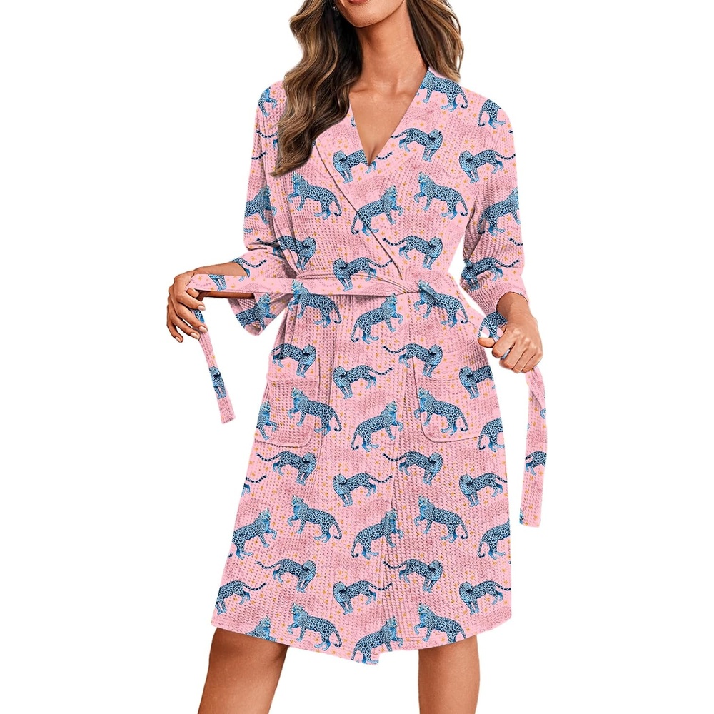 image:imageEkouaer Robes for Women Waffle Knit Kimono Bathrobe Loungewear with PocketsPink Leopard