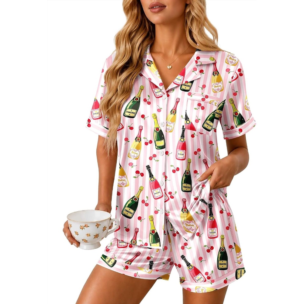 image:imageEkouaer Silk Pajamas for Women Short Sleeve Button Down Satin Pj Shorts SetStriped Wine Bottle