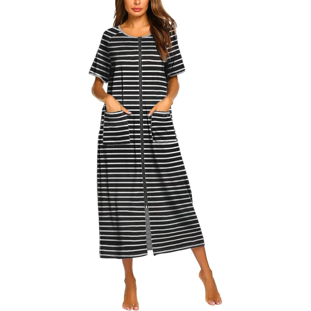 image:imageEkouaer Women Robe Zipper Short Sleeves Full Length House Coat with PocketsBlack Stripes