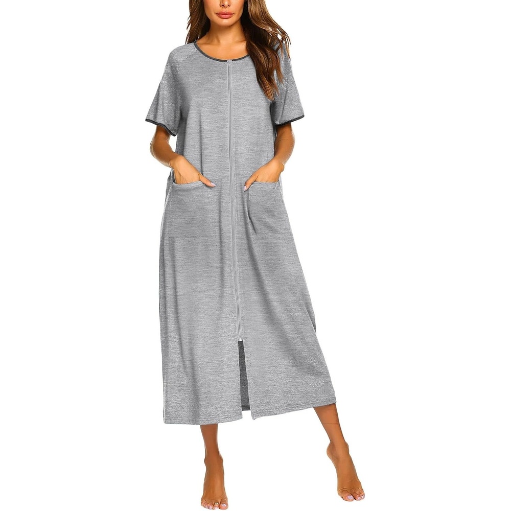 image:imageEkouaer Women Robe Zipper Short Sleeves Full Length House Coat with PocketsLight Gray