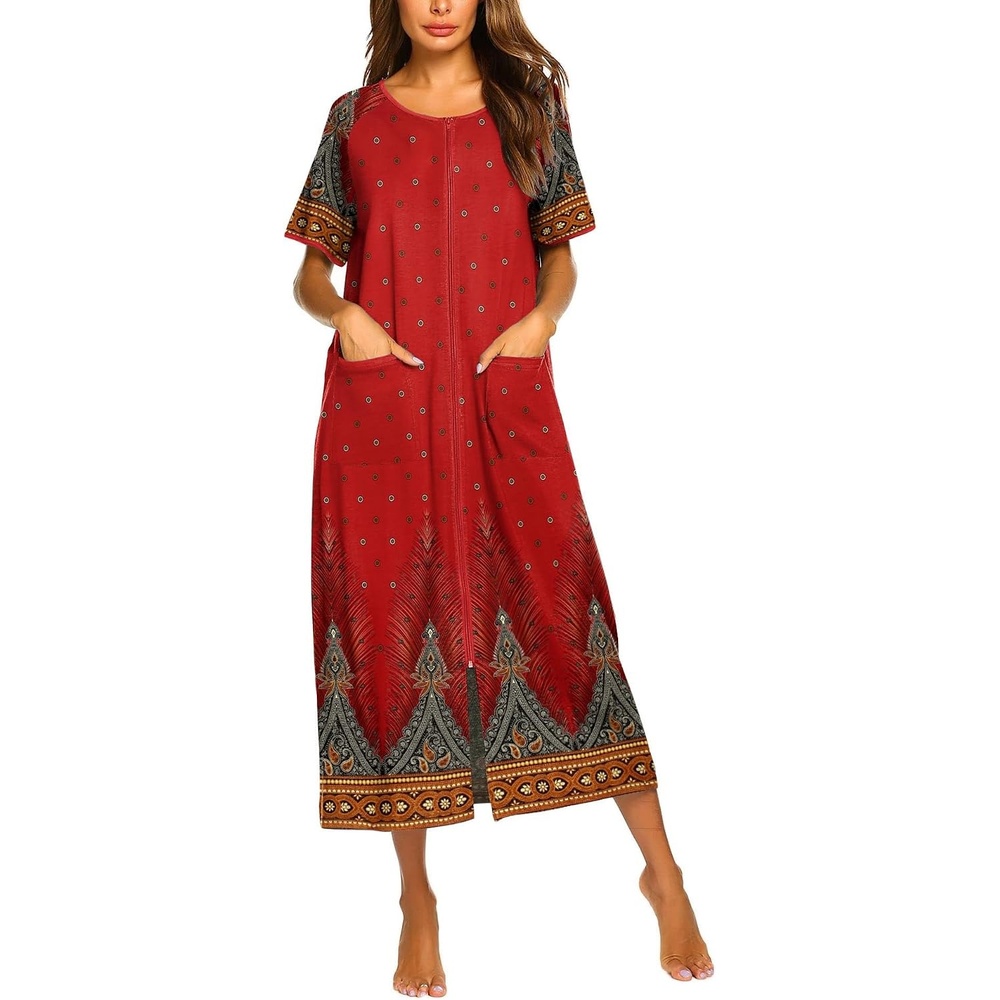 image:imageEkouaer Women Robe Zipper Short Sleeves Full Length House Coat with PocketsRed Flower