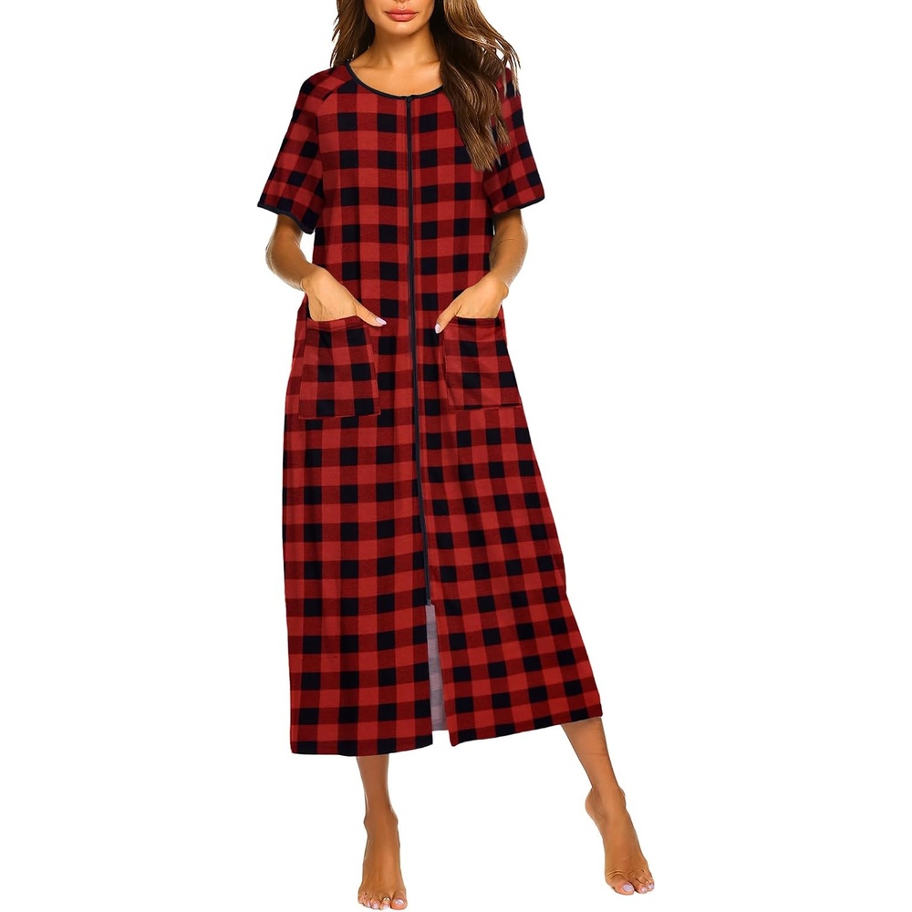 image:imageEkouaer Women Robe Zipper Short Sleeves Full Length House Coat with PocketsRed Plaid