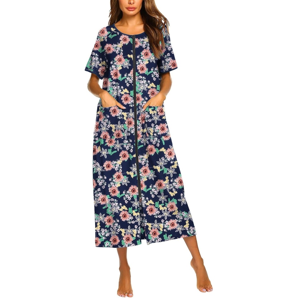 image:imageEkouaer Women Robe Zipper Short Sleeves Full Length House Coat with PocketsSunflower