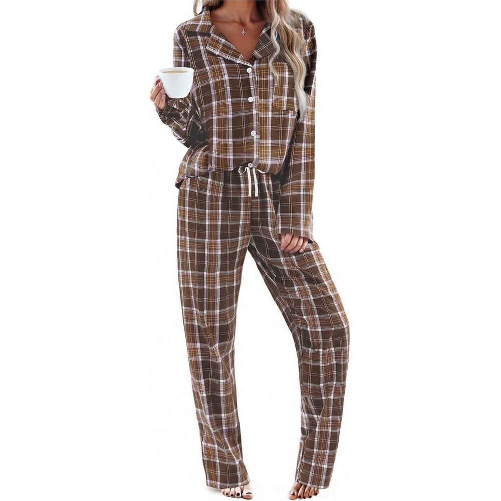 image:imageEkouaer Womens Cotton Plaid Pajama Set 2 Piece Long SleeveDark Brown Plaid