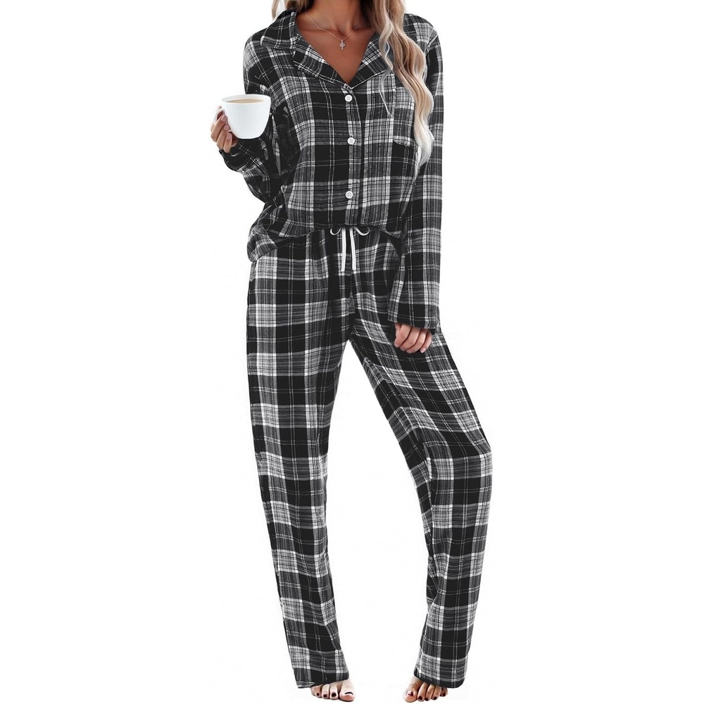 image:imageEkouaer Womens Cotton Plaid Pajama Set 2 Piece Long SleeveGray Black Plaid