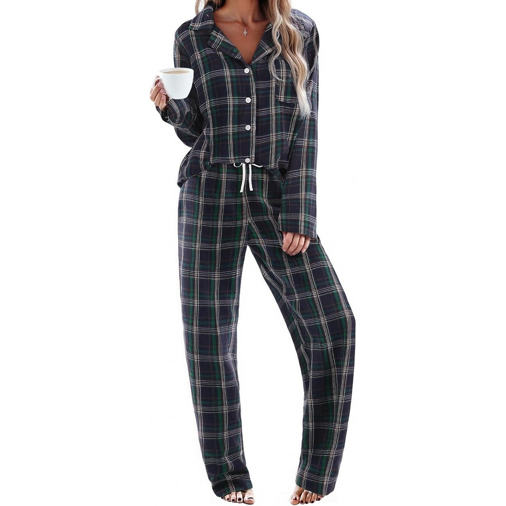 image:imageEkouaer Womens Cotton Plaid Pajama Set 2 Piece Long SleeveNavy BlueGreen Plaid