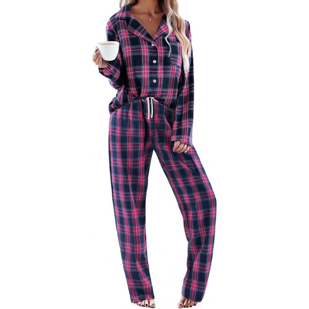 image:imageEkouaer Womens Cotton Plaid Pajama Set 2 Piece Long SleevePink Blue Plaid