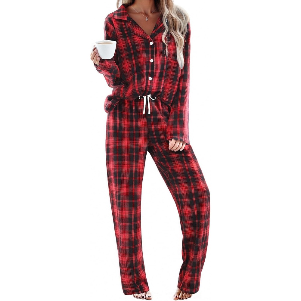 image:imageEkouaer Womens Cotton Plaid Pajama Set 2 Piece Long SleeveRed Black Plaid