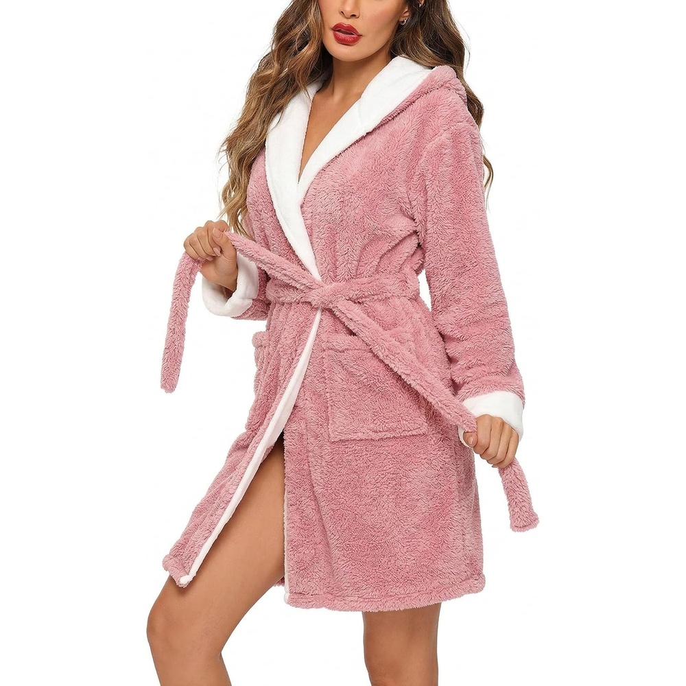 image:imageEkouaer Womens Hooded Bathrobe Short Fleece Robe Soft Luxury SleepwearB Rose Pink