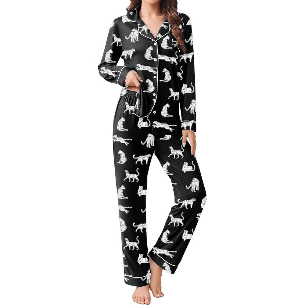 image:imageEkouaer Womens Pajamas Set Button Down Long Sleeve Top amp Pants Lounge SetsBlack Leopard