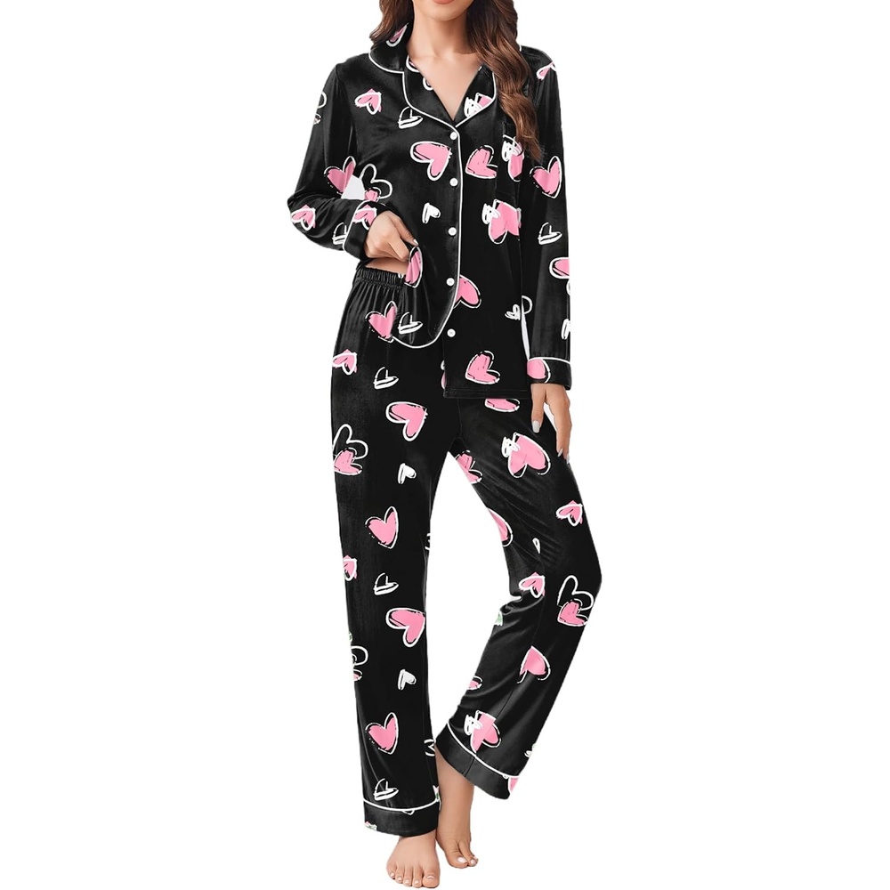 image:imageEkouaer Womens Pajamas Set Button Down Long Sleeve Top amp Pants Lounge SetsBlack Pink Hearts