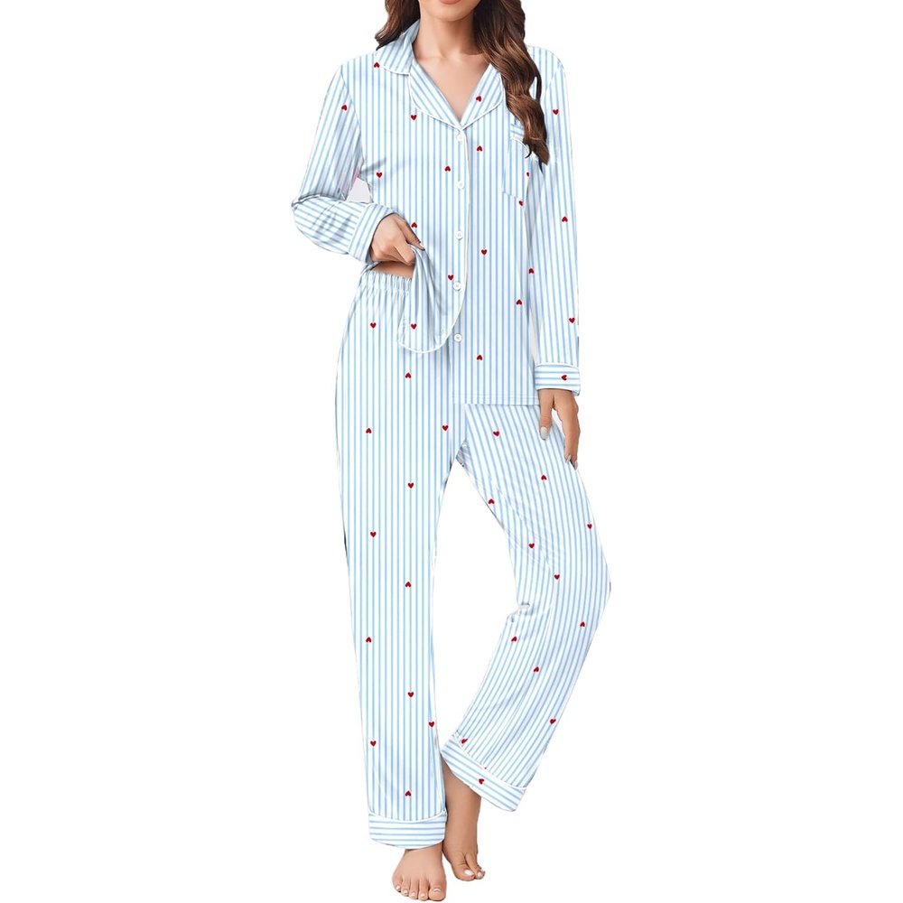image:imageEkouaer Womens Pajamas Set Button Down Long Sleeve Top amp Pants Lounge SetsBlue Stripes Hearts