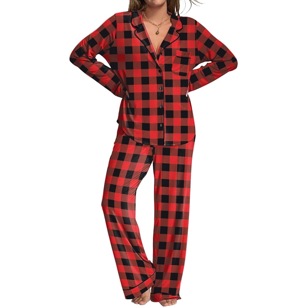 image:imageEkouaer Womens Pajamas Set Button Down Long Sleeve Top amp Pants Lounge SetsBred Plaid