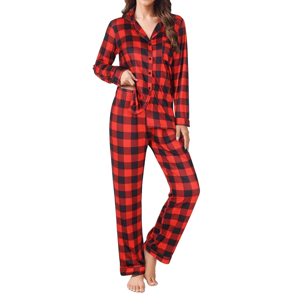 image:imageEkouaer Womens Pajamas Set Button Down Long Sleeve Top amp Pants Lounge SetsRed Plaid