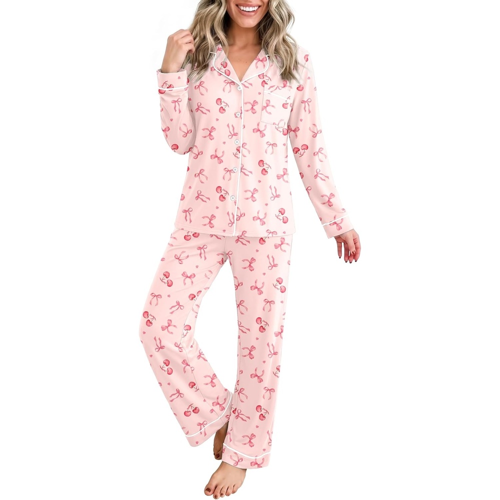 image:imageEkouaer Womens Pajamas Set Button Up Pjs Sleepwear Lounge SetsBow Tie