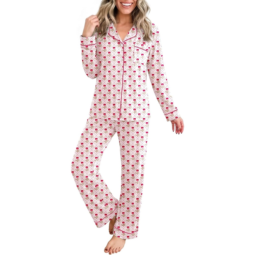 image:imageEkouaer Womens Pajamas Set Button Up Pjs Sleepwear Lounge SetsSmall Flowers