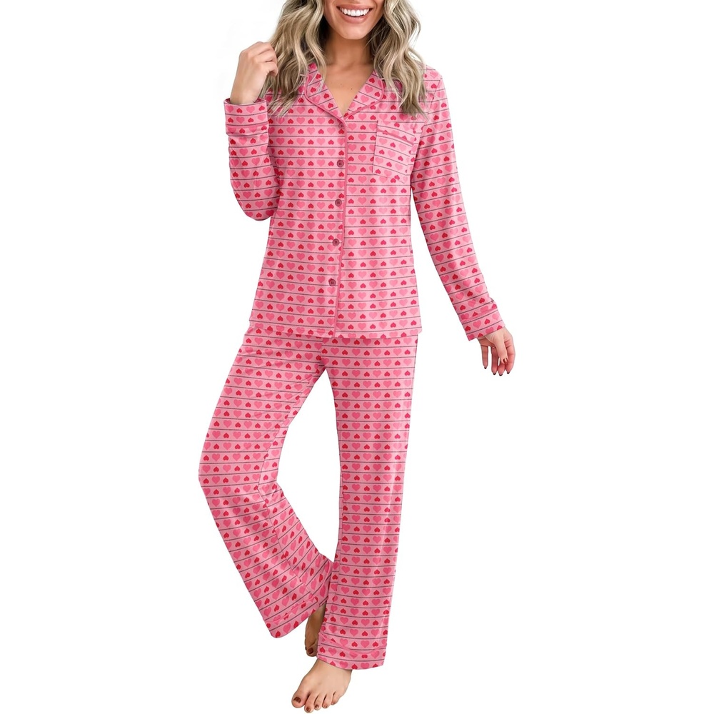 image:imageEkouaer Womens Pajamas Set Button Up Pjs Sleepwear Lounge SetsStriped Heart