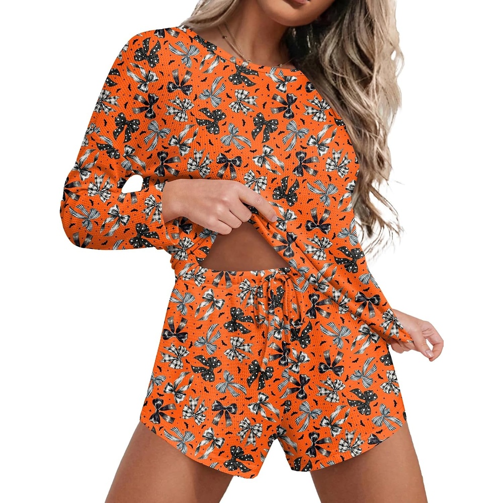 image:imageEkouaer Womens Waffle Knit Pajama Sets Long Sleeve Top and Shorts Matching Lounge Set Loungewear Sweatsuit with PocketsHalloween Bows