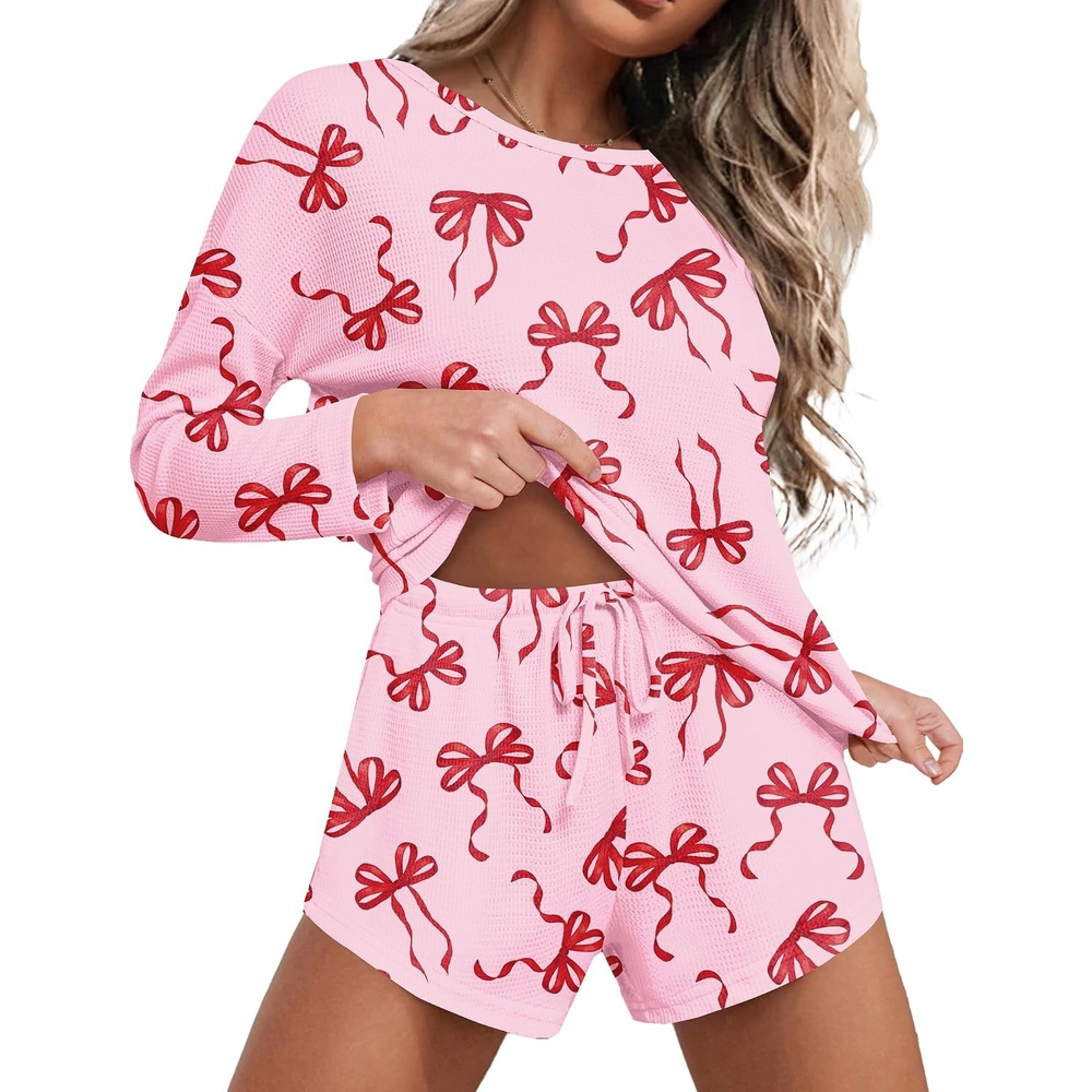 image:imageEkouaer Womens Waffle Knit Pajama Sets Long Sleeve Top and Shorts Matching Lounge Set Loungewear Sweatsuit with PocketsRed Bows