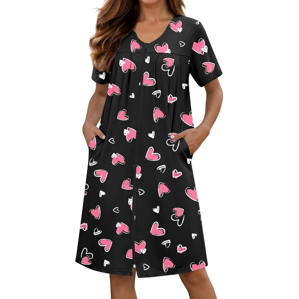 image:imageEkouaer Zipper Robes for Women Short Knit Lightweight Bathrobe with PocketsBlack Pink Heart