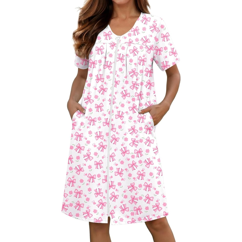 image:imageEkouaer Zipper Robes for Women Short Knit Lightweight Bathrobe with PocketsPink Bow