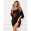 Ekouaer Nightgowns for Women Deep V Neck Sleep Shirt Oversized Night Shirt(Black Lipprint)