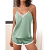 Ekouaer Silk Pajama Set for Women 2 Piece Silky Lace Lingerie Shorts Set(Pea Green)