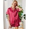 Ekouaer Silk Pajamas for Women Short Sleeve Button Down Satin Pj Shorts Set(Red Striped)