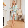 Ekouaer Womens Robe Long Kimono Bathrobe Lightweight Sleepwear with Pockets(Green Leaves Red Floral)