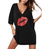 Ekouaer Nightgowns for Women Deep V Neck Sleep Shirt Oversized Night Shirt(Black Lipprint)