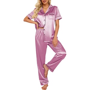 Ekouaer 2 Piece Satin Short Sleeve Pajamas Set Button Down Sleepwear(Deep Purple)