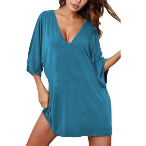 Ekouaer Nightgowns for Women Deep V Neck Sleep Shirt Oversized Night Shirt(Blue Green)