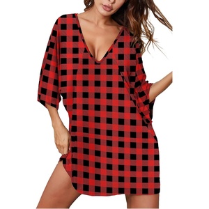 Ekouaer Nightgowns for Women Deep V Neck Sleep Shirt Oversized Night Shirt(Christmas Red Plaid)