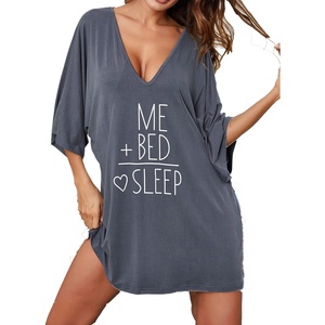 Ekouaer Nightgowns for Women Deep V Neck Sleep Shirt Oversized Night Shirt(Grey Letters)