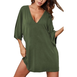 Ekouaer Nightgowns for Women Deep V Neck Sleep Shirt Oversized Night Shirt(Z-army Green)