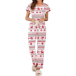 Ekouaer Pajamas for Women Set 2 Piece Comfy Loungewear, Lightweight Pjs Sleepwear, Short Sleeve Top & Long Pants with Pockets(Christmas)