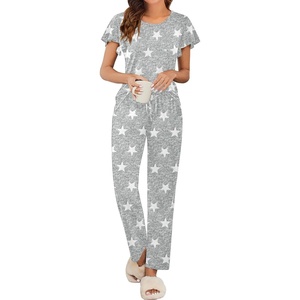 Ekouaer Pajamas for Women Set 2 Piece Comfy Loungewear, Lightweight Pjs Sleepwear, Short Sleeve Top & Long Pants with Pockets(Light Gray Stars)